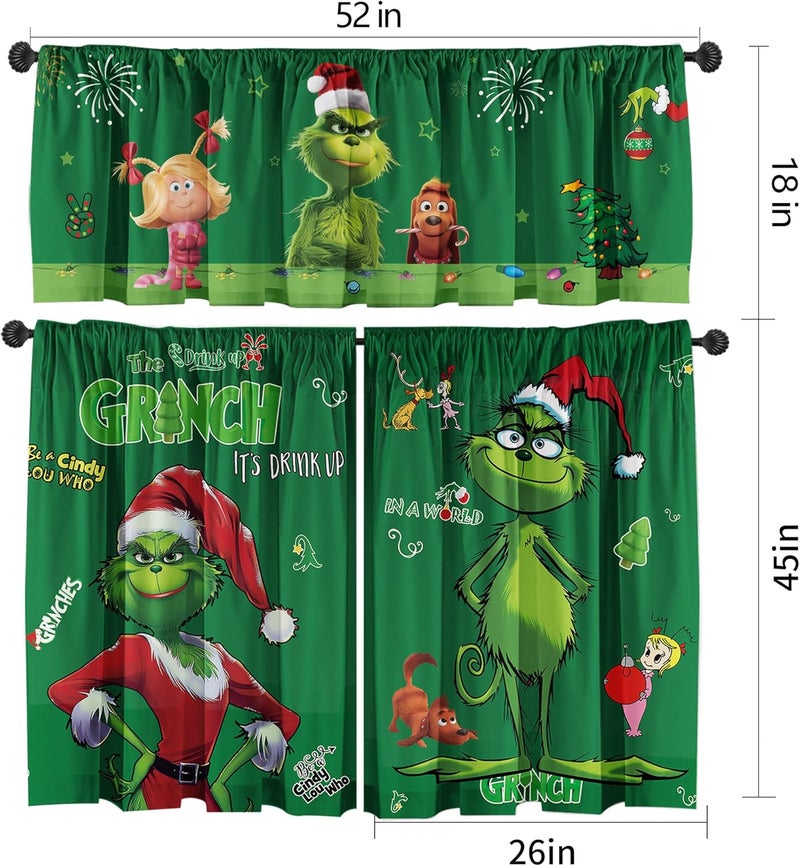 SUNWISHA Christmas Curtain Valance Set - Green Funky Whimsical Holiday Scene with Puppies/Stars/Lights - Playful Kitchen/Bedroom Decor - Upper & Lower Curtains, 52'' L x 18'' W & 36'' L x 26'' W - Image 2